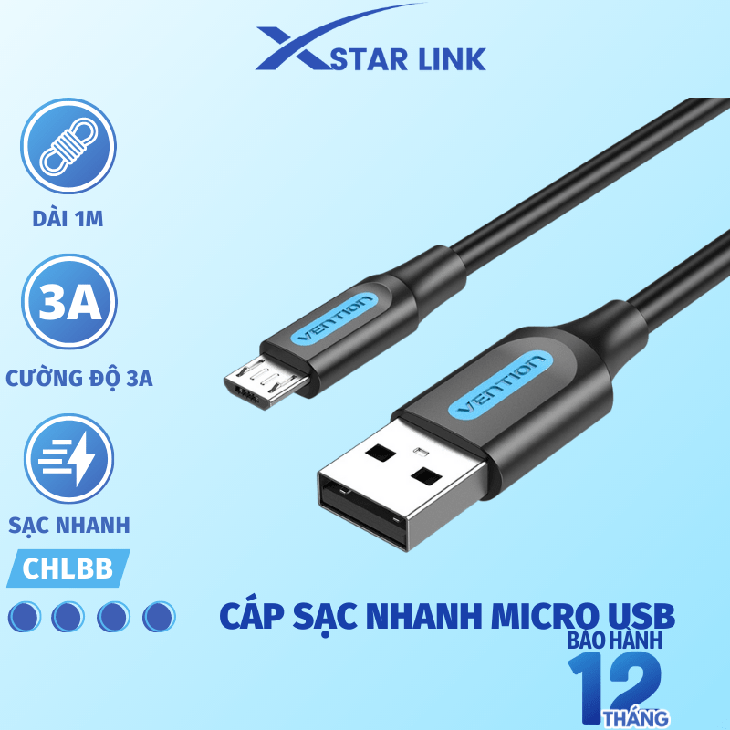 Cáp sạc đầu Micro USB 2A sang USB 2.0 sạc nhanh, truyền dữ liệu cho điện thoại Android, Samsung chính hãng Vention - COLBG