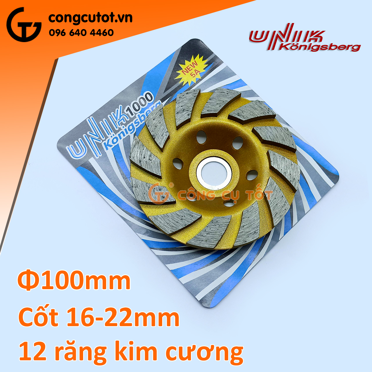 Bát mài phá bê tông unik φ100mm cốt 16mm với 12 răng phủ kim cương