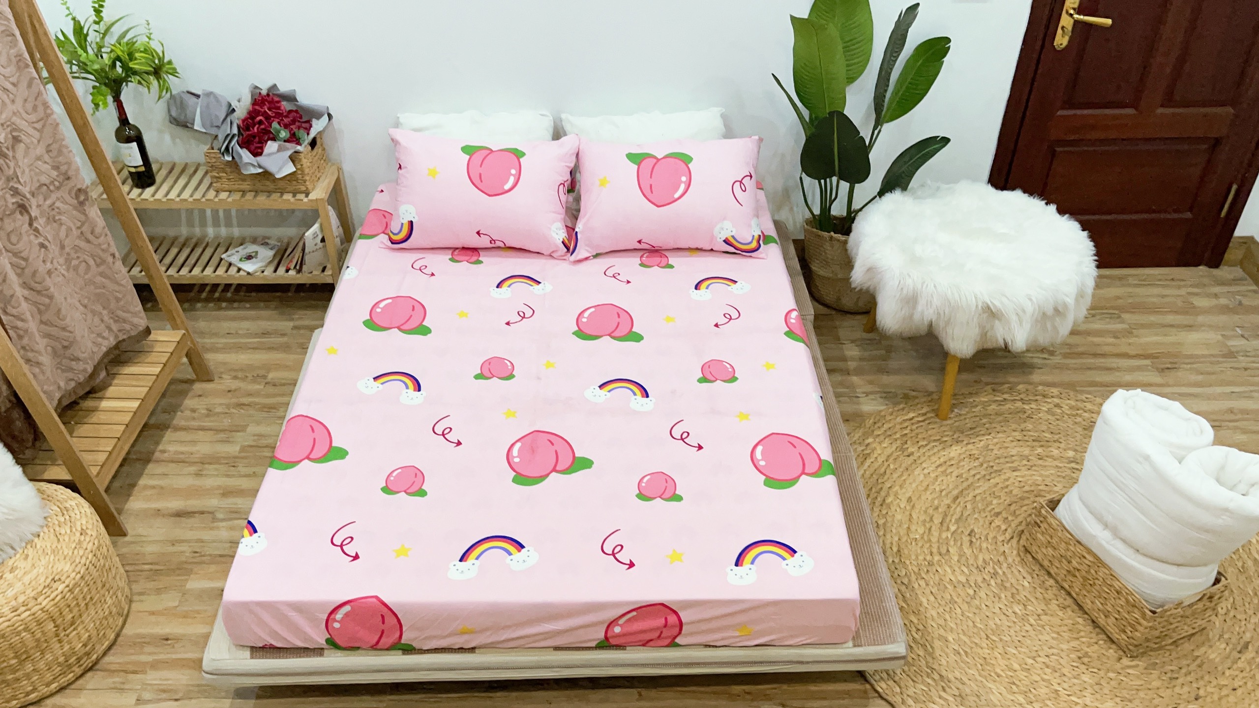 Set ga gối mẫu đào hồng p60