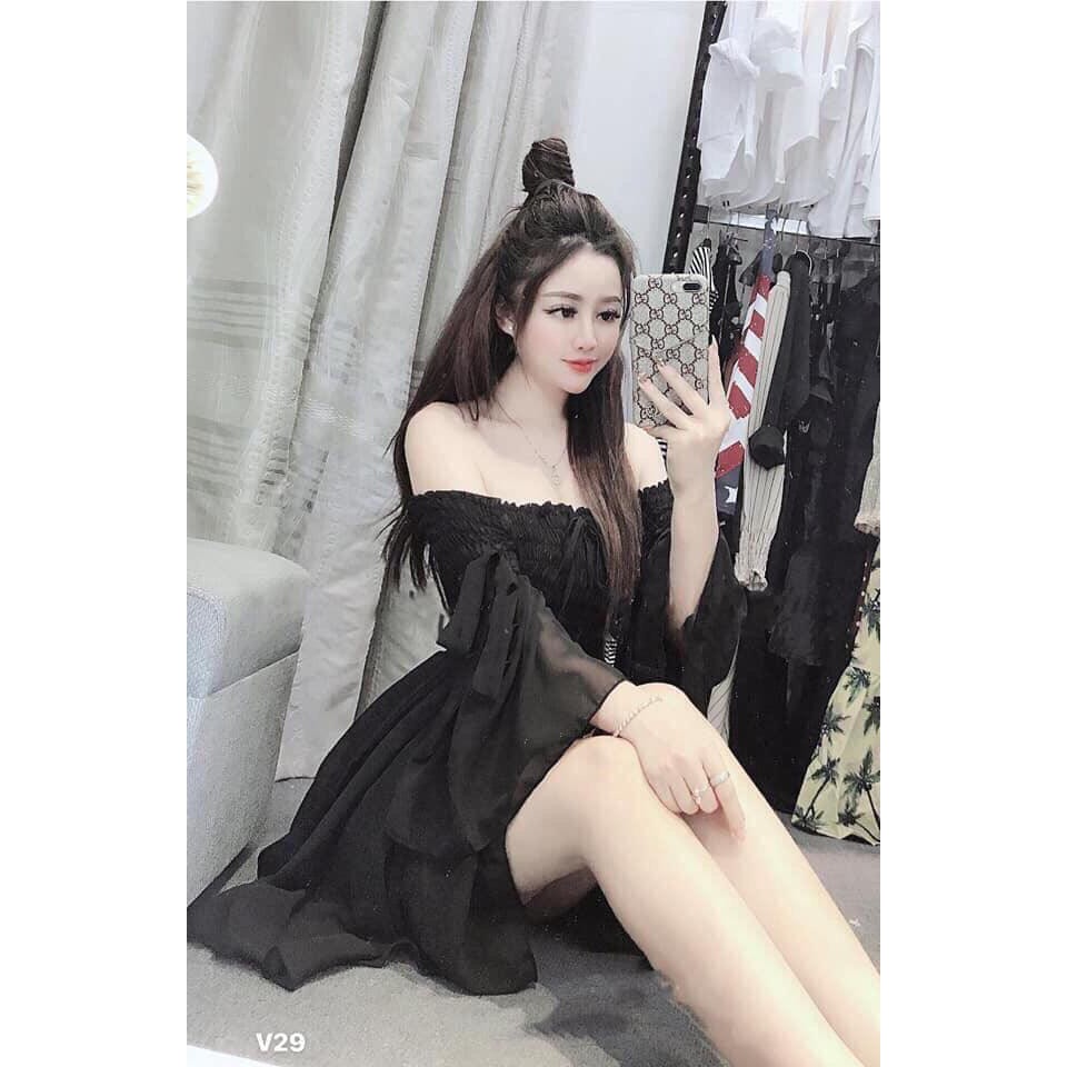 Đầm Xòe Trễ Vai Nhún Ngực Phong Cách Thời Trang
