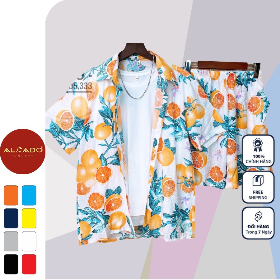 Bộ sơ mi hoa quả hawai đi biển lụa đũi cao cấp, quần áo  nhóm nam nữ gia đình du lịch - ALCADO