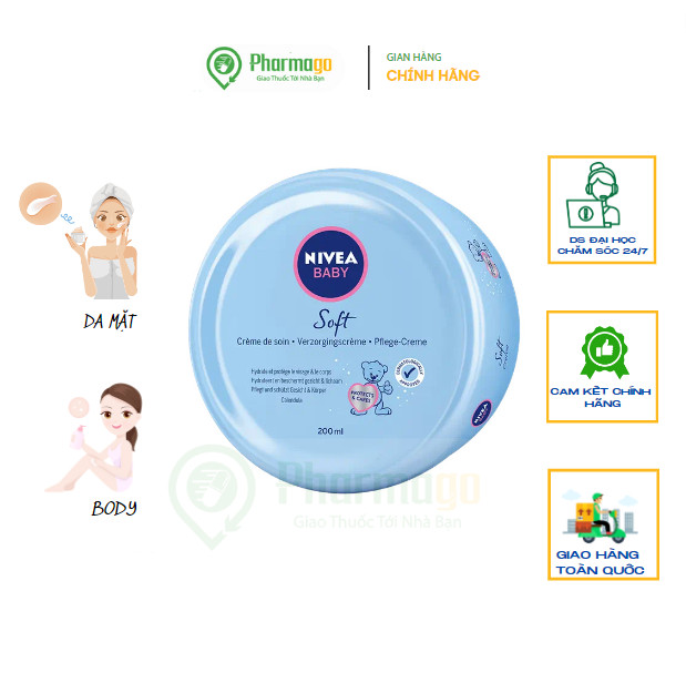Kem dưỡng da Nivea Baby soft cream-an toàn cho trẻ sơ sinh hũ 200ml Chính