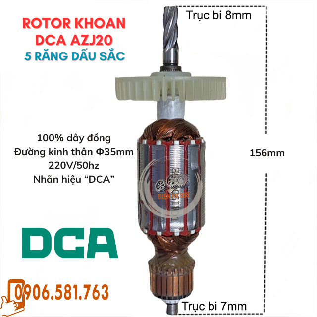 Rotor khoan dca azj20 5 răng thân 35mm dài 156mm 220v - tặng chổi than