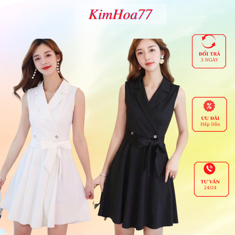 Váy xòe đầm nữ dự tiệc freesize chất umi cổ vest kèm dây thắt eo kimhoa77