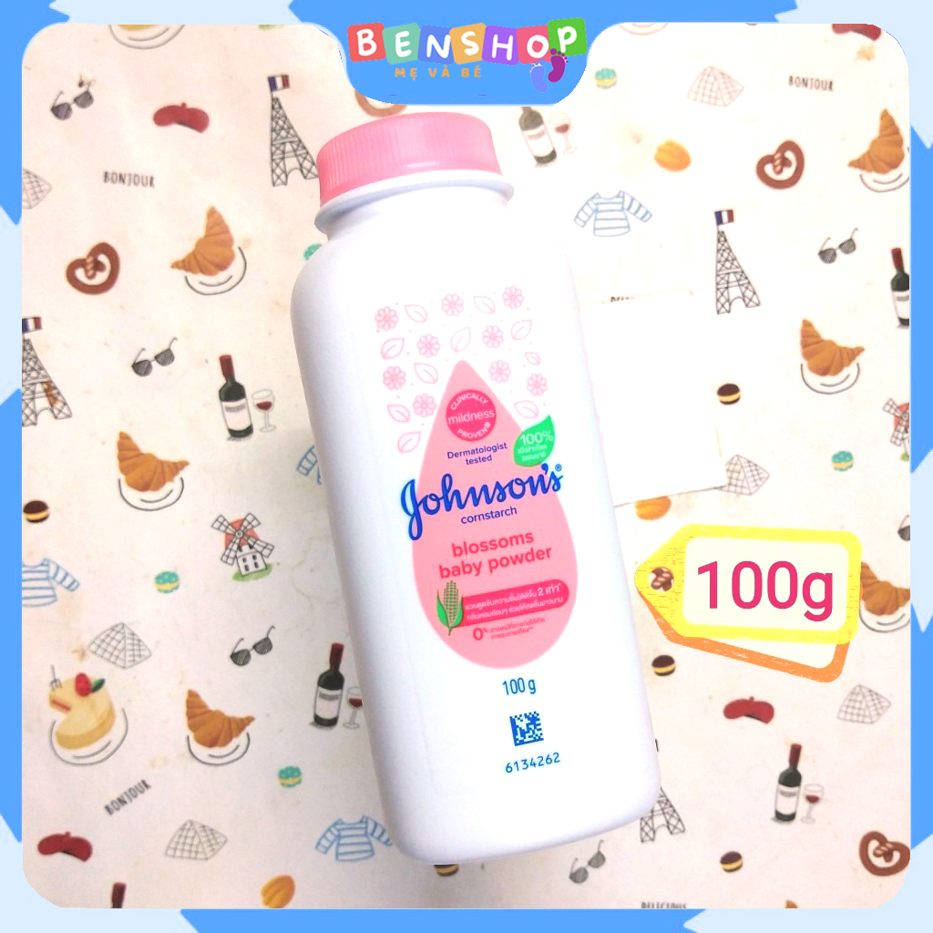 Phấn Johnson's Blossoms cornstarch Baby Powders rôm sẩy nắp hồng 100g hàng Thái Lan
