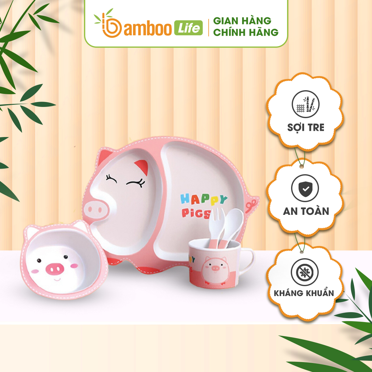 Dụng cụ ăn dặm cho bé sợi tre Bamboo Life BL031 bát ăn dặm cho bé cao cấp 5 món gồm thìa, dĩa, khay, bát, cốc hình thú cute