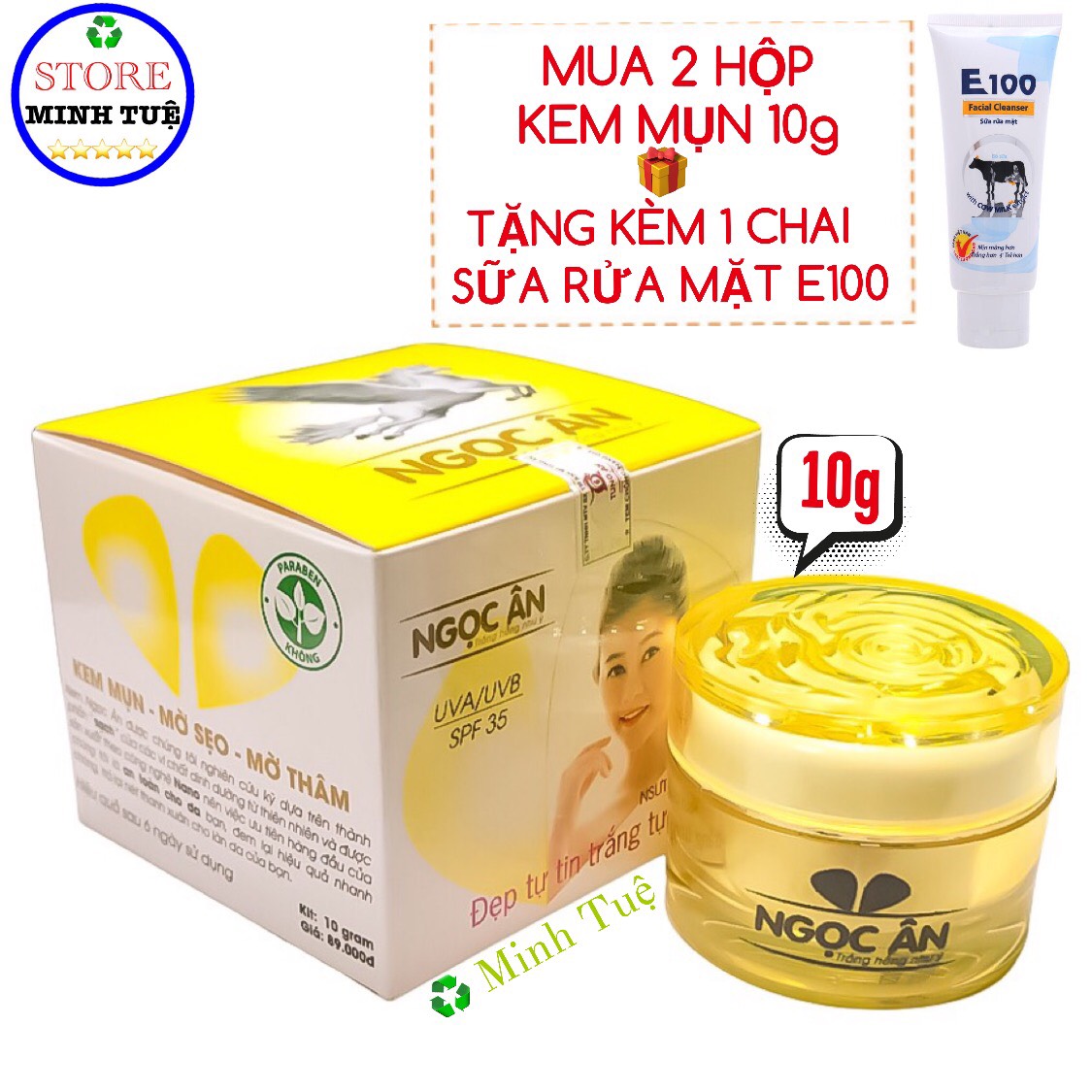(Mua 2 tặng 1) - Kem Ngọc Ân mụn , mờ sẹo, mờ thâm se khít lỗ chân lông giúp tái tạo làn da mới đẹp tự tin trắng tự nhiên (10g), tặng kèm 1 chai sữa rửa mặt E100.