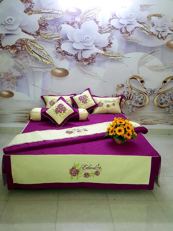 Bộ Chăn Ra Satin 1m6 x 2m Phủ Giường MÀU TÍM Cao Cấp (Bộ gồm 7 Sản Phẩm)