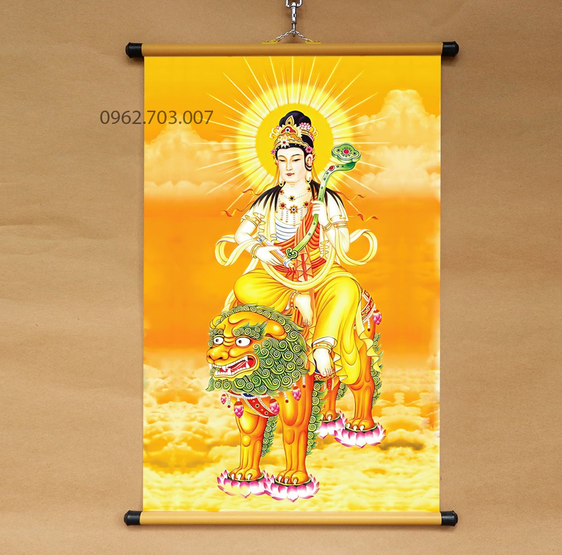 Tranh Văn Thù Sư Lợi Bồ Tát 40x60cm treo tường bằng vải phủ bóng cao cấp dày dặn