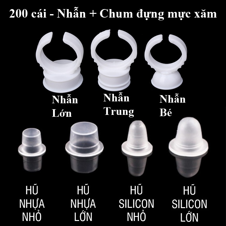 [HCM](200 cái) - 100 cái Nhẫn đựng mực + 100 cái Chum (hũ) đựng mực phun xăm lông mày môi mí