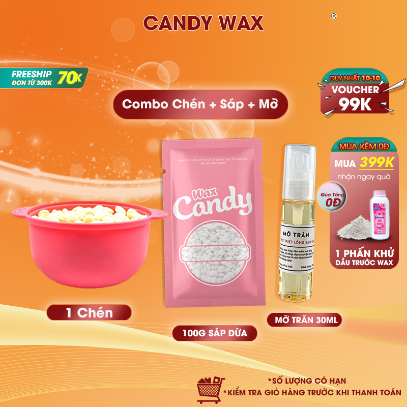 Combo chén nấu sáp wax lông kèm mỡ trăn triệt lông CANDYWAX