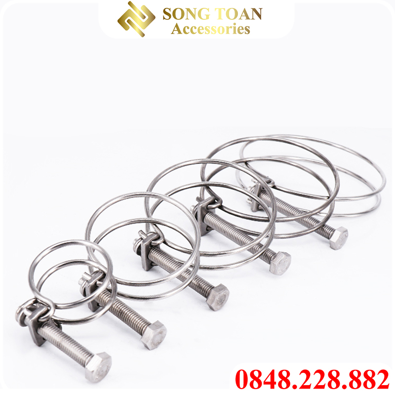 Cổ dê hai dây sắt mạ niken giá rẻ & Quai nhê Clamp đai kẹp xiết cố định ống mềm PU vào đầu khớp nối nguồn