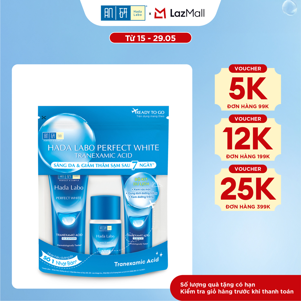 Bộ travel size dưỡng trắng Hada Labo Perfect White Tranexamic Acid Travel Set (Kem rửa mặt 15g+Dung dịch dưỡng 20ml+Kem dưỡng 12g)