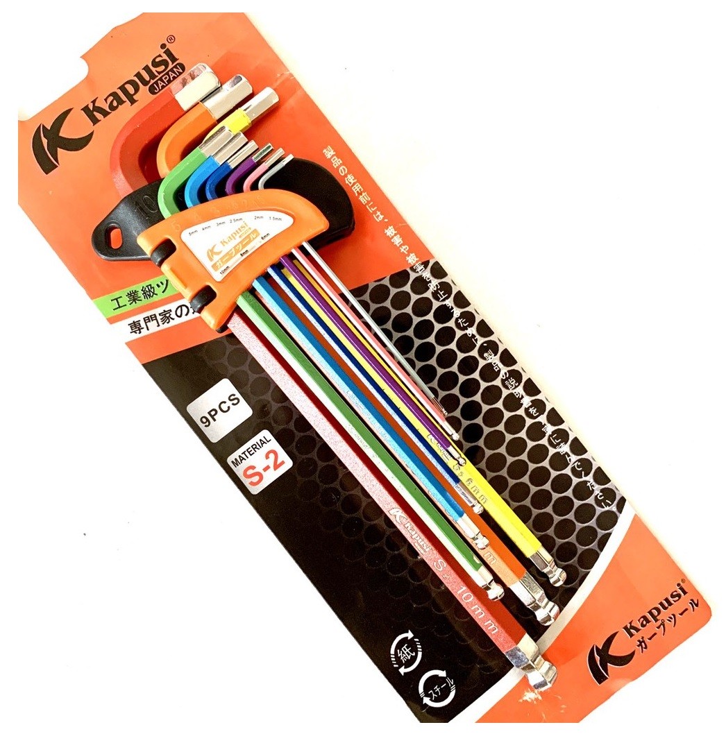Bộ lục giác bi 7 màu kapusi japan, 9 cây chữ l từ 1.5-10mm thép cao cấp không gỉ, bh 12 tháng tools and hardware