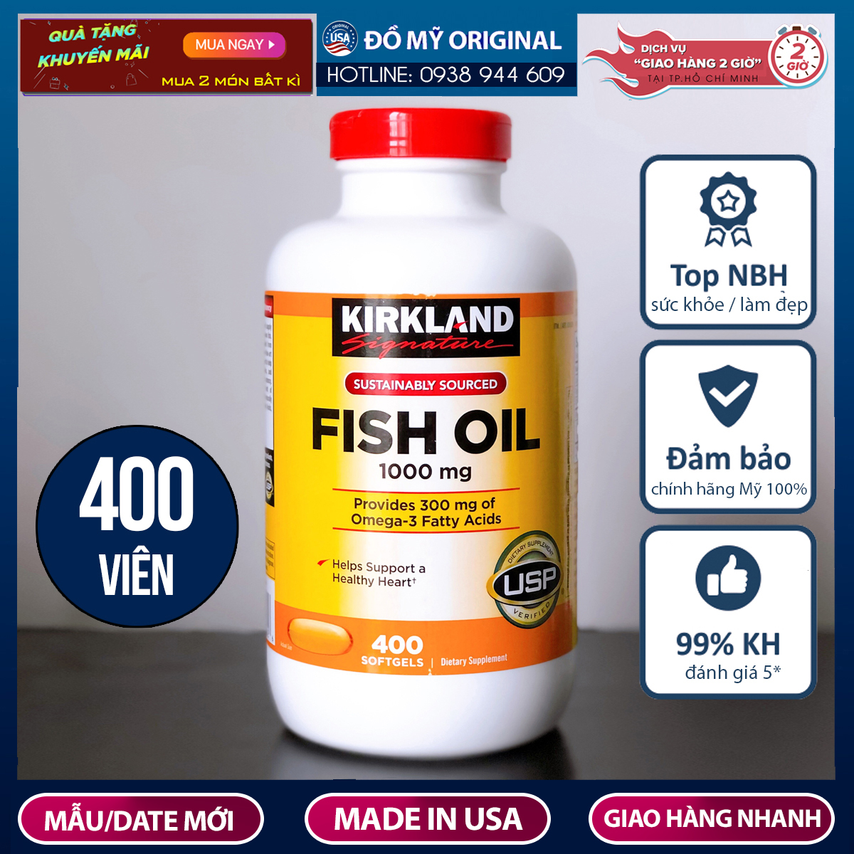 Viên uống Dầu cá Omega 3 Fish Oil 1000mg Kirkland Signature Hộp 400 Viên Hàng Nhập Mỹ Nắp Đỏ Bổ Sung DHA, EPA Tốt Cho Não bộ Và Võng Mạc