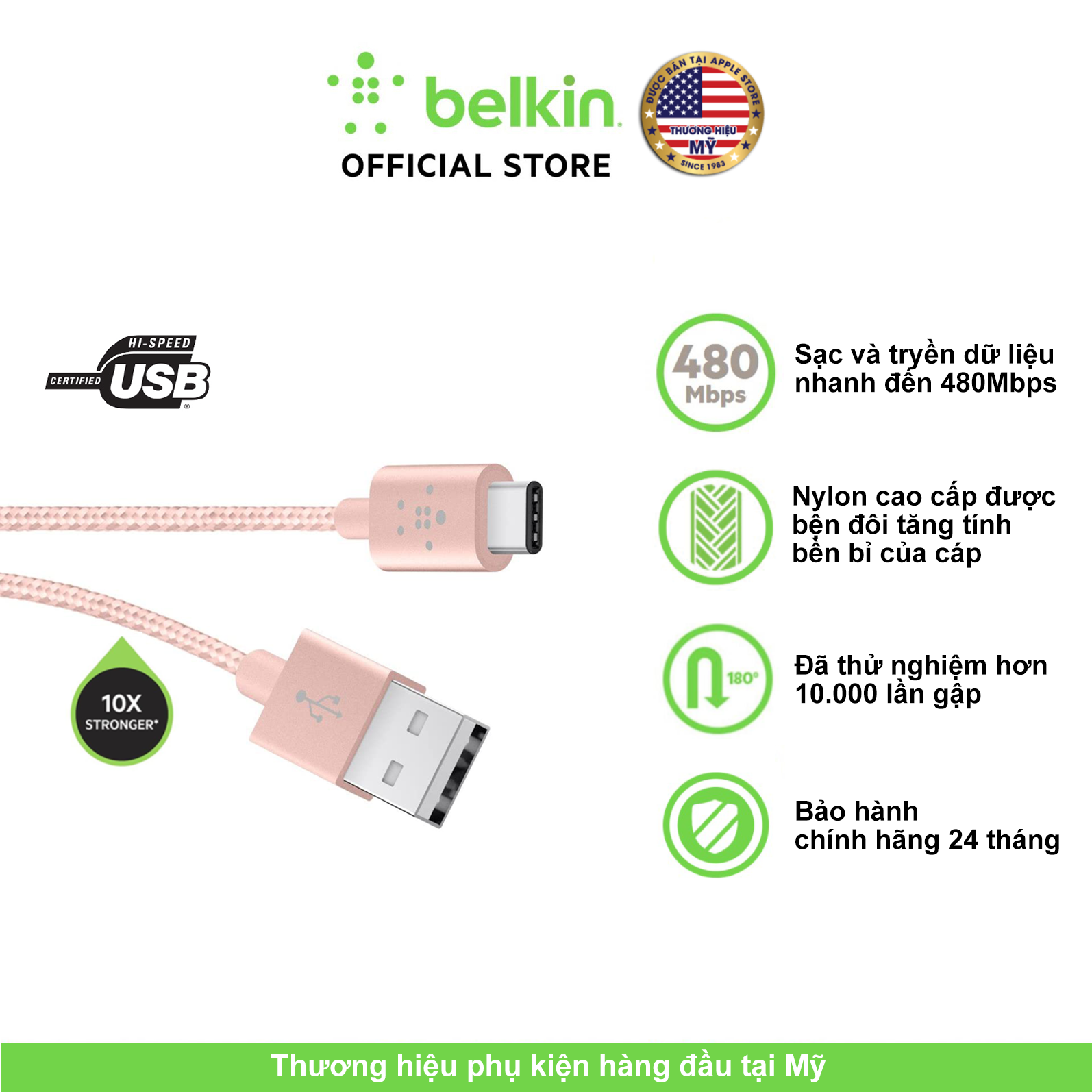 Cáp sạc USB Type C Belkin MIXIT↑™ vỏ dù Metallic siêu bền, màu vàng hồng 1.2m, chứng chỉ IF - Không bảo hành