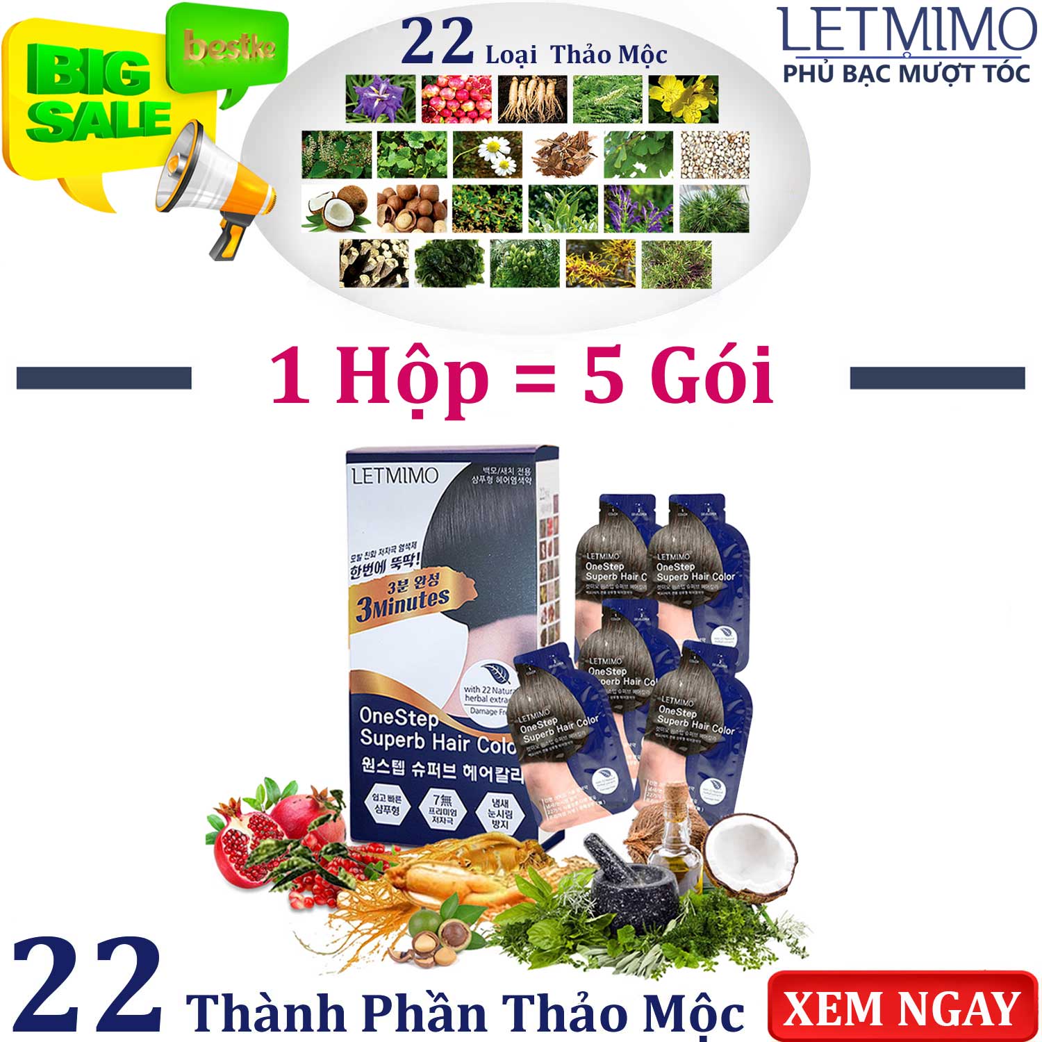 Thuốc nhuộm tóc , màu phủ bạc , nâu tự nhiên 3N , Hộp 5 gói , bestke nhập khẩu Hàn Quốc