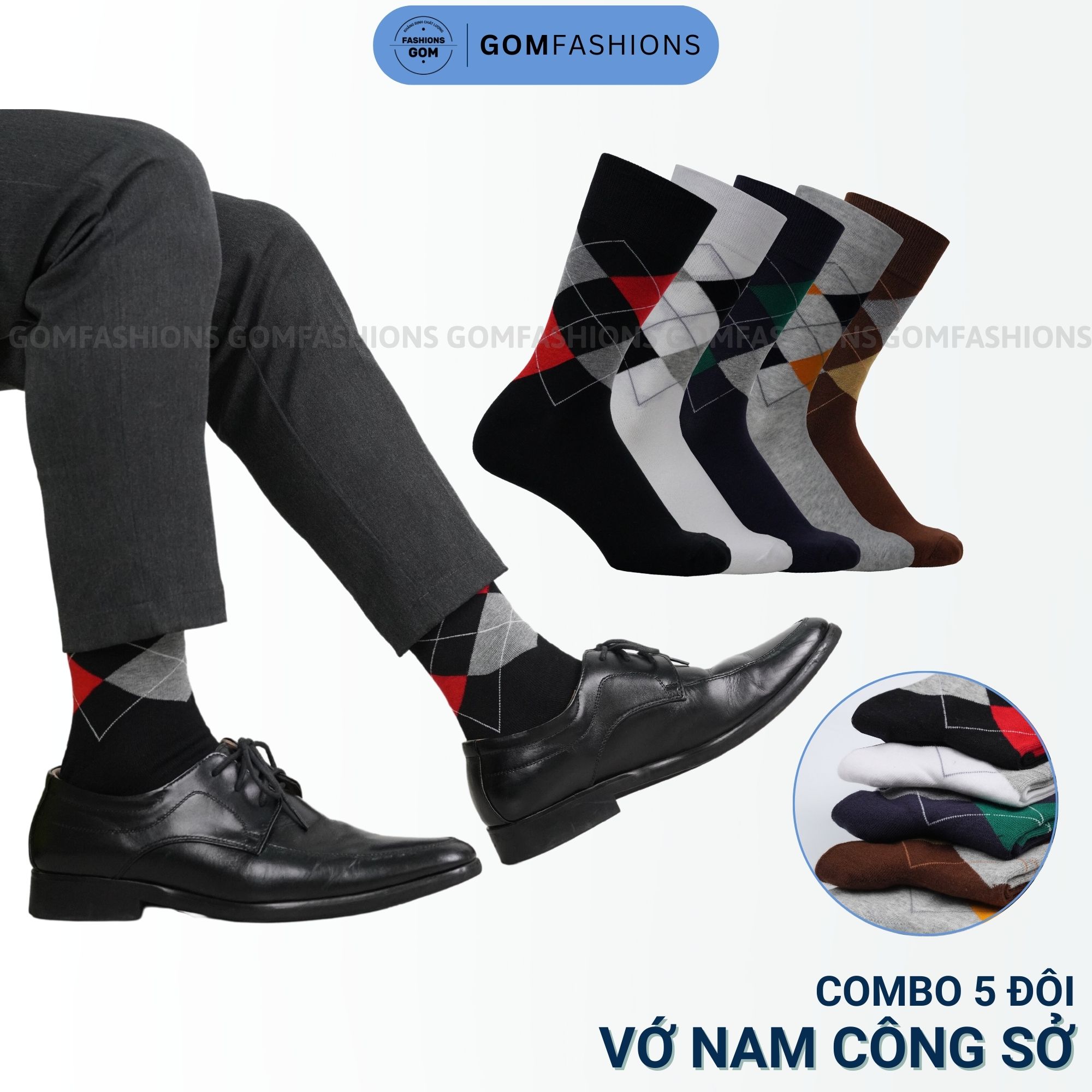 Hộp 5 đôi tất nam cổ cao đi giày tây hoạ tiết quả trám, vớ nam công sở chất liệu cotton thoáng mát - GOM-QUATRAM-CB5