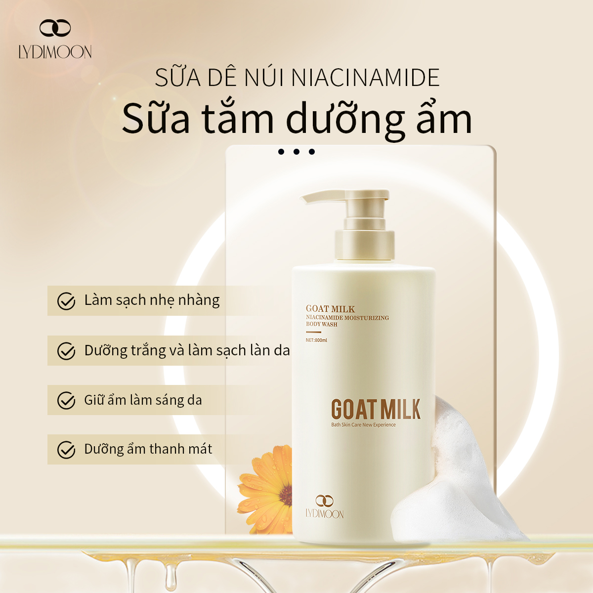 LYDIMOON Gel tắm trắng da Niacinamide Sữa tắm sữa dê làm trắng da 800ml dưỡng ẩm làm đều màu da lưu hương lâu mềm mịn toàn thân sữa tắm trắng da /toàn thânLàm trắng vùng kín/làm trắng/làm trắng da/sữa tắm làm trắng da/sữa tắm white conc