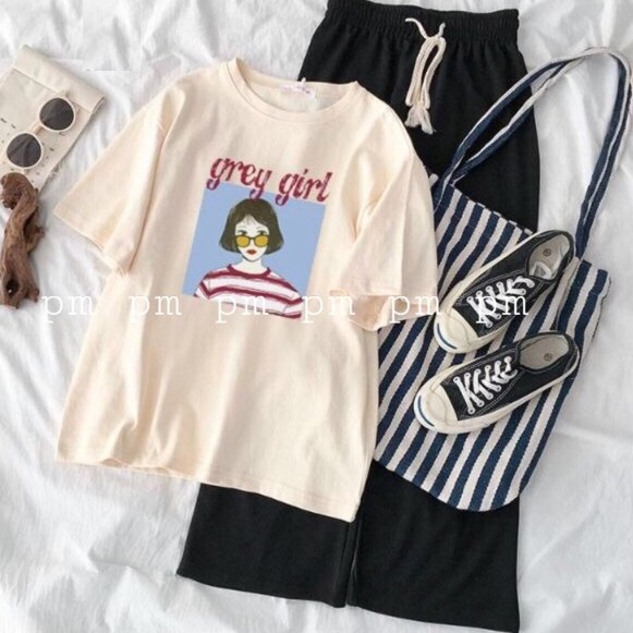 [HAN HAN SHOP 160] Phối Sét Dự Tiệc, Bộ Đồ Nữ Mặc Đi Chơi Xinh Cute, Áo Cotton Cô Gái Grey Kèm Quần Jogger Kaki