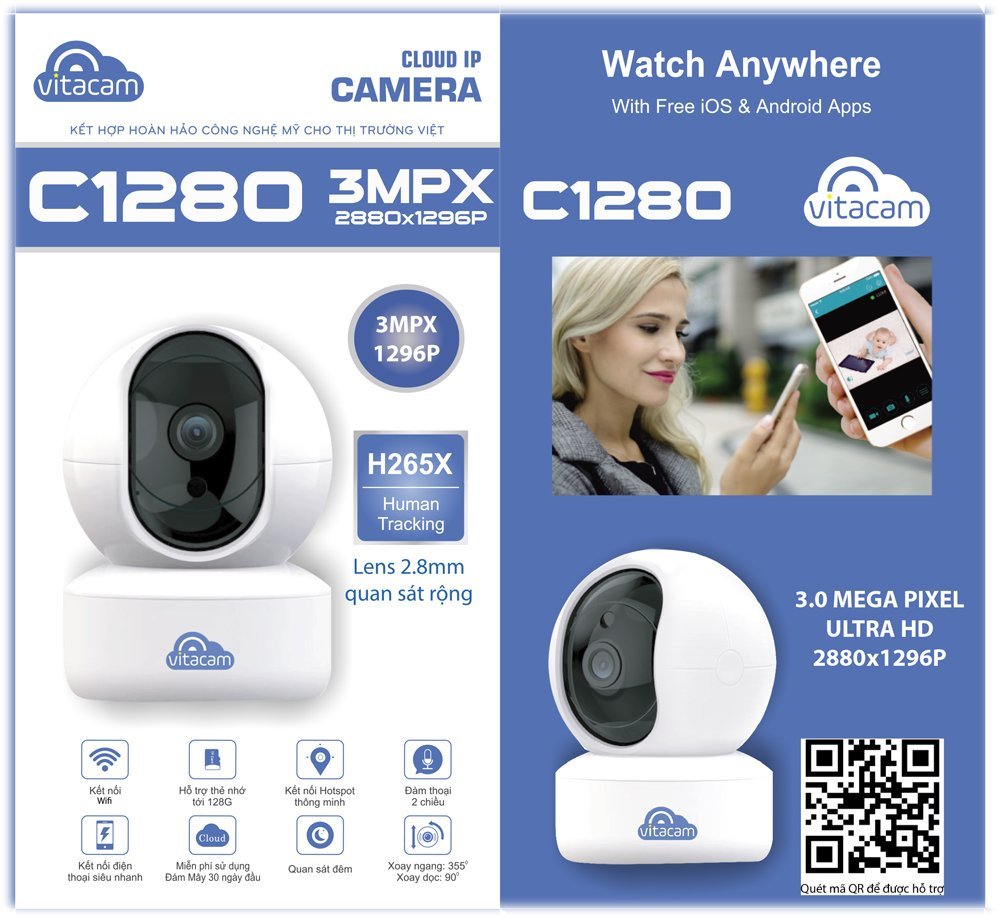 Vitacam C1280 - 3.0Mpx| 2.0Mpx Full HD 1296P| 1080P Chuẩn H265X - Bảo Hành  24 Tháng.