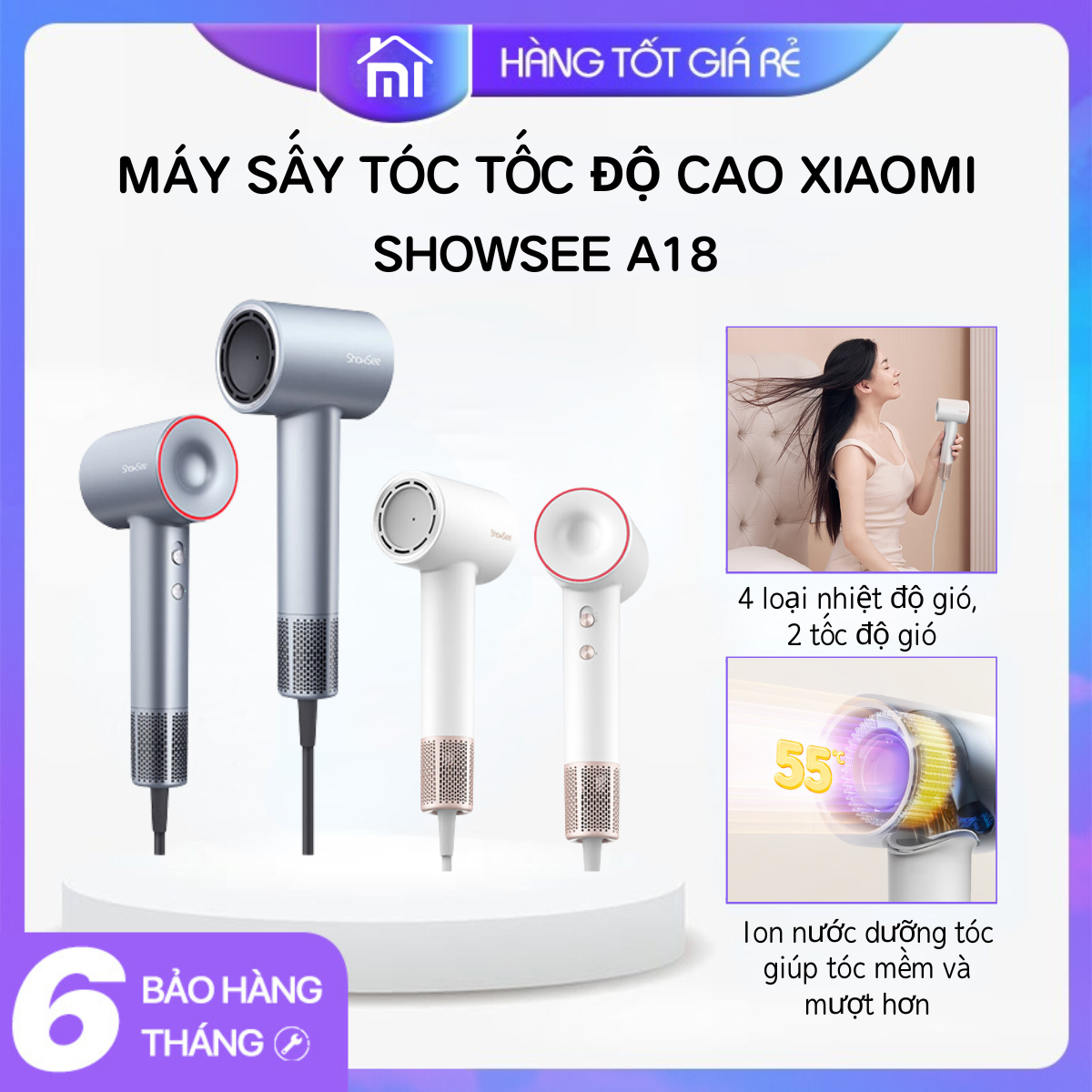 Máy Sấy Tóc Ion Âm Xiaomi ShowSee A18 Chính Hãng - Công Suất 1600W - Làm Khô Tóc Nhanh Dưỡng Ẩm - Mijia