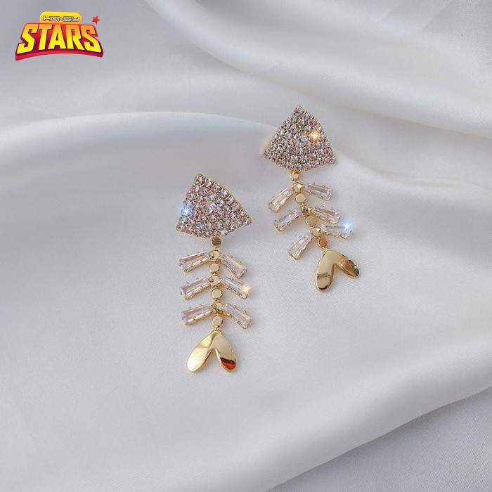 Bông tai nữ khuyên tai cá tính sang trọng cute bạc S925 phong cách Hàn Quốc bông tai xương cá kim cương Honey Stars-716451
