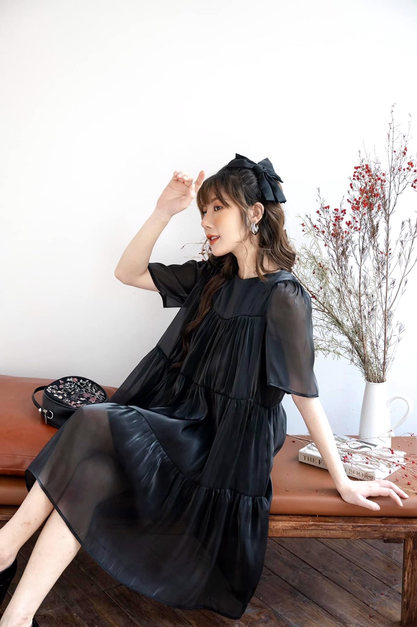 Váy bầu đẹp cao cấp organza V29 FREESHIP đầm bầu dự tiệc màu đen hàng thiết kế full size S/M/L cho mẹ bầu