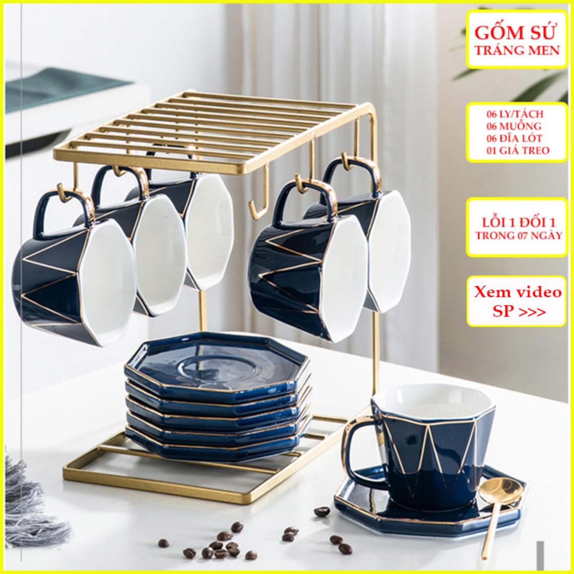 Bộ tách trà đẹp - Bộ ly uống trà gốm sứ tráng men cao cấp kèm giá treo ly/tách & muỗng trang trí bàn trà, phòng khách, phòng ăn-DecorShop