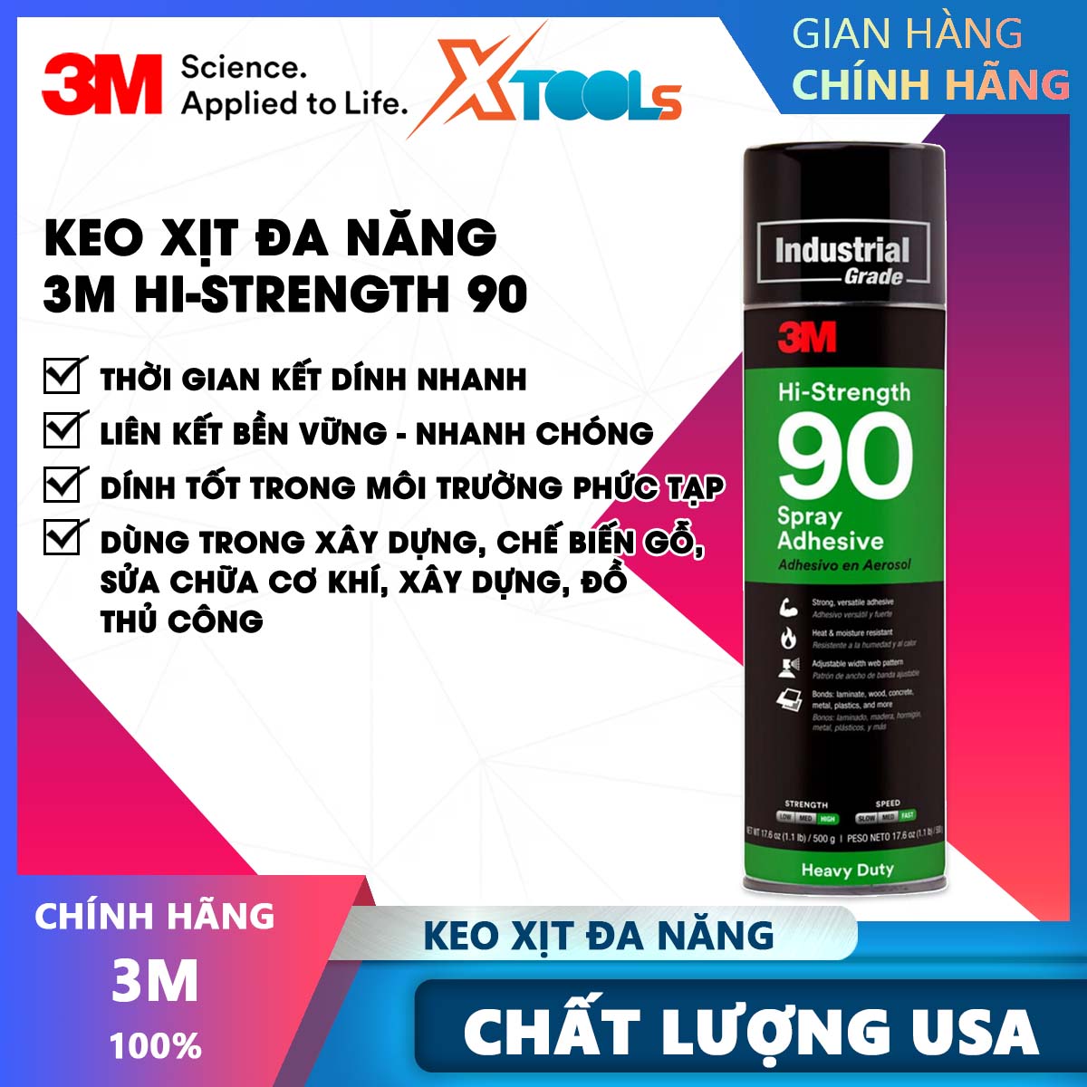 Keo dán đa năng siêu dính dạng xịt 3M Hi-Strength 90 560ml, keo xịt siêu nhiều dán tường giấy decal xốp mút siêu chắc