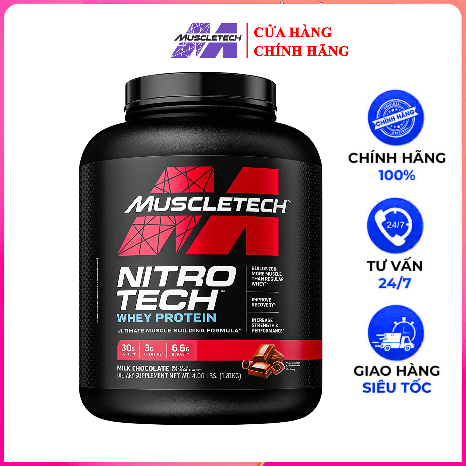 Sữa tăng cơ cao cấp Whey Protein Nitro Tech của MuscleTech hộp 40 lần dùng hỗ trợ tăng cơ giảm cân đốt mỡ cao cấp