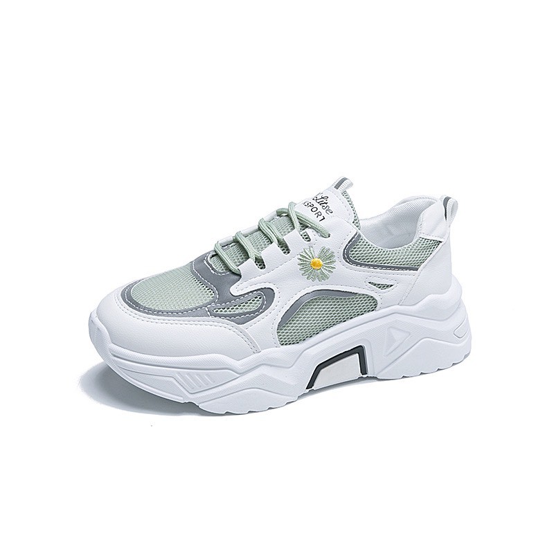 Giày thể thao nữ thêu hình hoa cúc - Giày sneaker phản quang - Kiểu dáng dây buộc độn đế thời trang