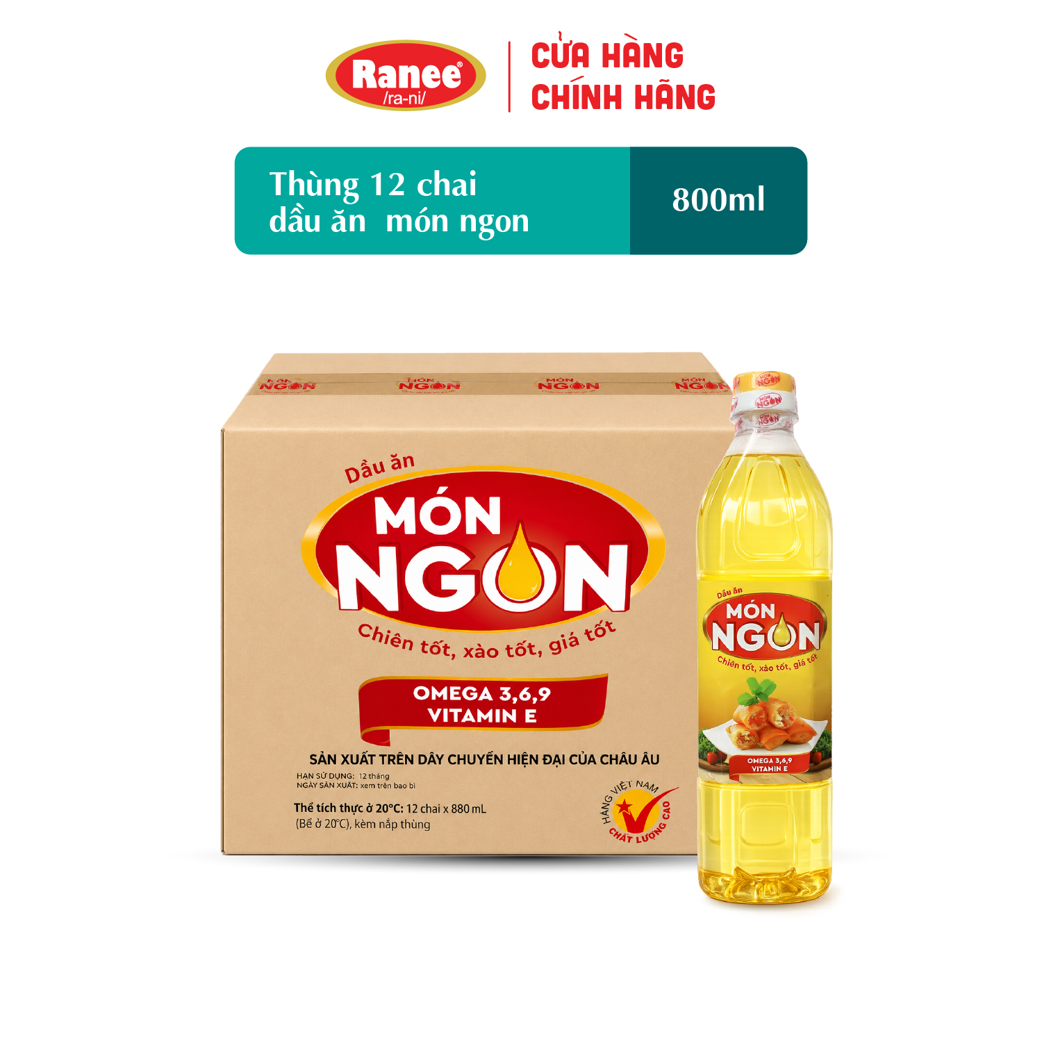 {Đơn 199k tặng hộp bơ -399k tặng vá gỗ} Thùng 12 chai Dầu ăn Món Ngon 880ml (12 chai x 880ml)
