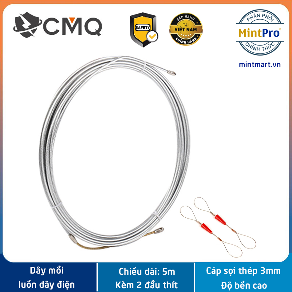 Dây mồi luồn kéo dây điện trong ống ghen - Dây mồi cáp thép 3mm có độ bền cao - Chiều dài 5m - Tặng kèm 02 đầu thít - Giúp tiết kiệm thời gian và công sức thi công