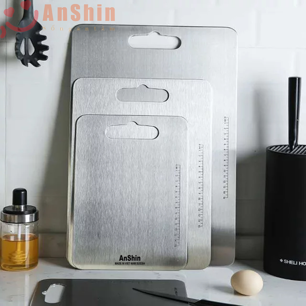Thớt inox SUS304 Anshin - chống nấm mốc - kháng khuẩn, không dăm mùn - hàng Việt Nam sản xuất