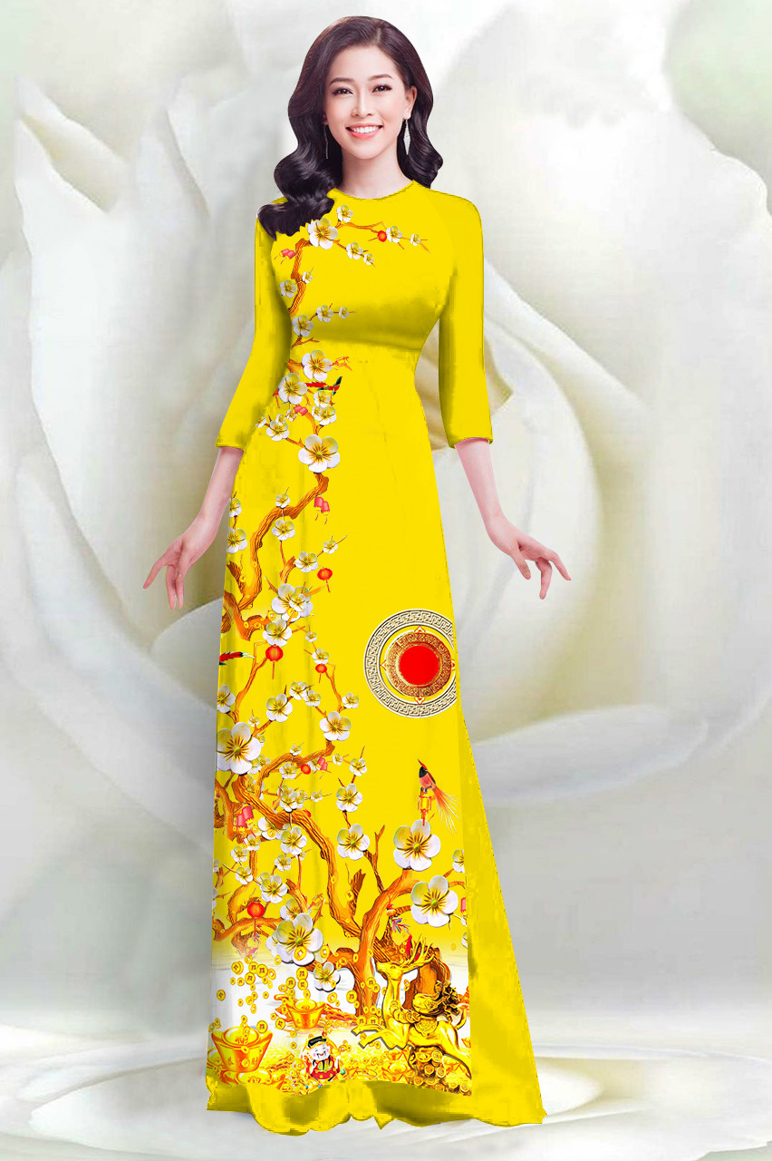 SÉT ÁO DÀI GẤM LỤA TRUYỀN THỐNG IN HOA ĐÀO NGÀY TẾT