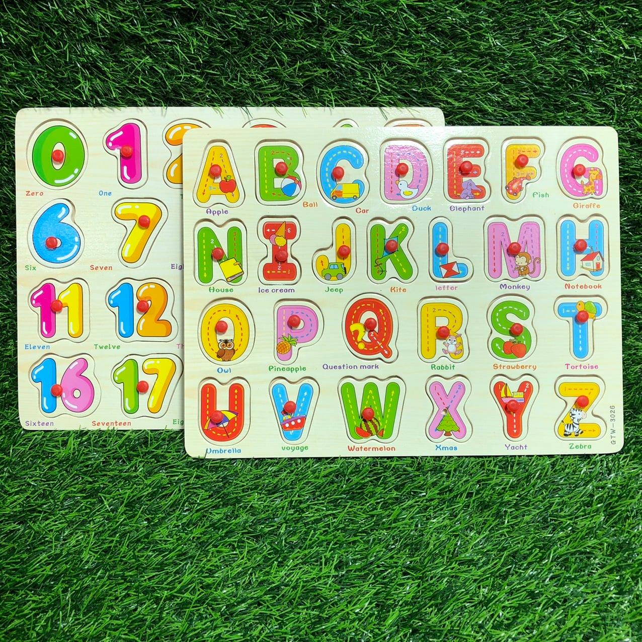 Set: 1 bảng chữ cái và 1 bảng chữ số bằng gỗ có núm