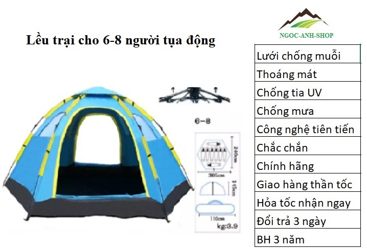 Lều tự động 6-8 người, lều lục giác tự động, lều du lịch bật tụ động, tự bung