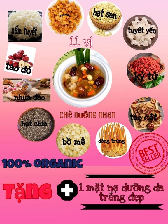 set chè dưỡng nhan - Combo 11 gói nguyên liệu nấu chè dưỡng nhan tuyết yến nhựa đào 11 vị thảo dược 350gr size lớn tương đương nấu được 20 - 25 chai, bổ sung COLLAGEN đẹp da- tặng 1 miếng mặt nạ dưỡng đẹp da