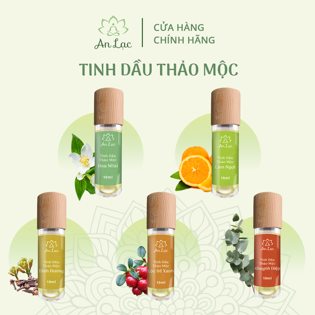 Tinh dầu thảo mộc, dầu thơm bi lăn 10ml hoa nhài, cam ngọt, đinh hương
