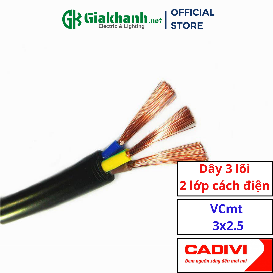 Dây điện mềm tròn bọc nhựa pvc 3 lõi 300/500v, 2 lớp cách điện cadivi vcmt 3x2.5mm2