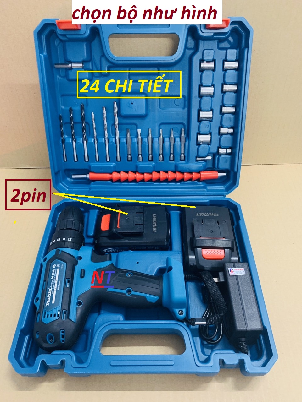 Máy khoan pin makita 26v - 2 pin - tặng kèm 25 chi tiết phụ kiện