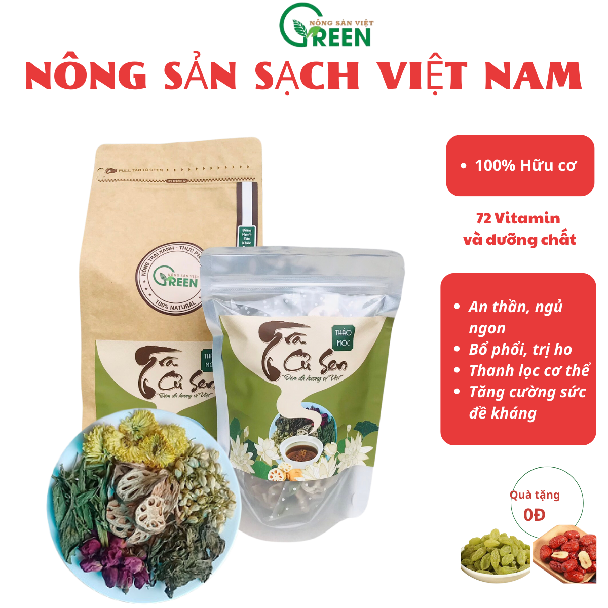 Trà củ sen thảo mộc thương hiệu Việt Green từ trà củ sen Hương nông sản sạch Việt Nam sao vàng kết hợp thảo mộc hữu cơ