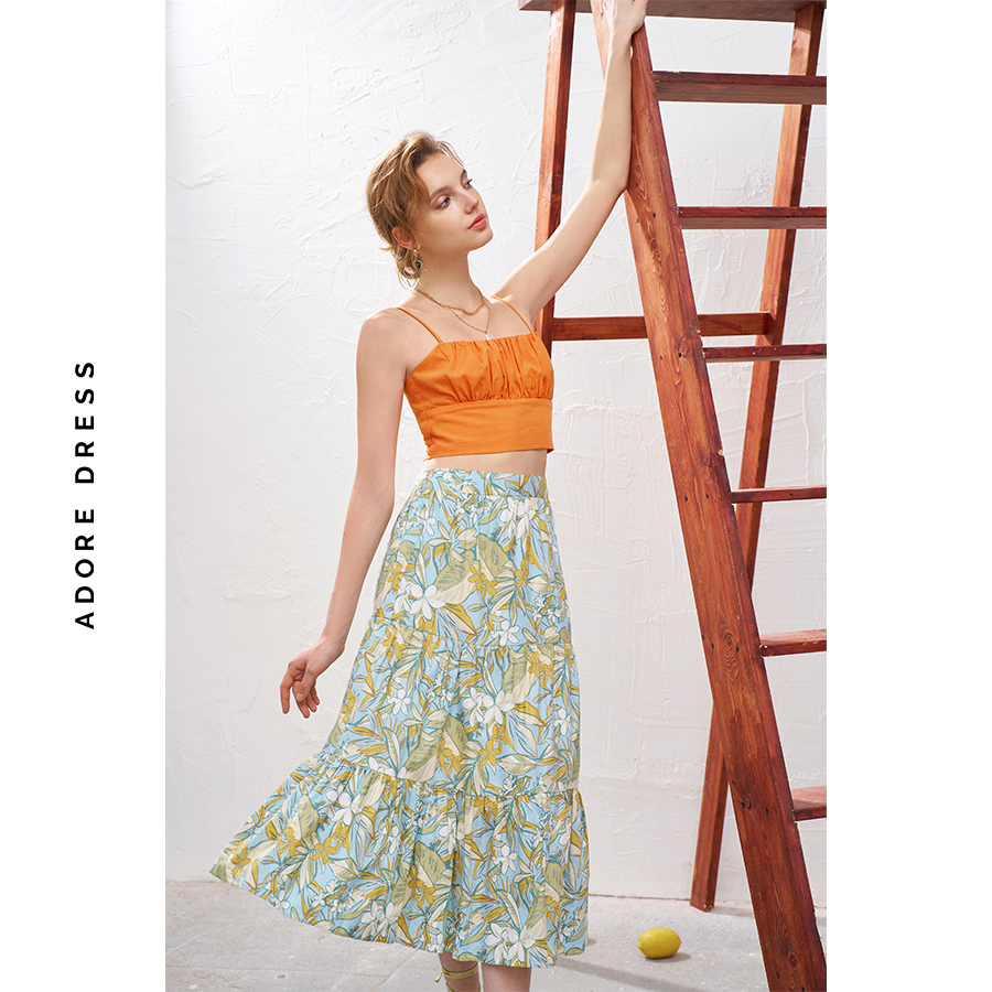 Chân váy midi thô hoa plumeria xanh nối tầng 411SK2024 ADORE DRESS
