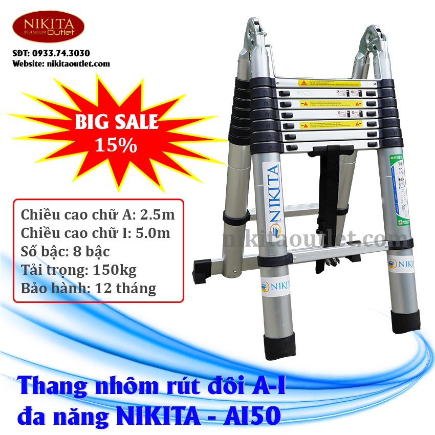 Thang nhôm rút đa năng  NIKITA AI50 (2.5+2.5m) [ Siêu bền ] Tiêu chuẩn an toàn Châu Âu EN131. Bảo hành chính hãng 2 năm - NIKITA OUTLET