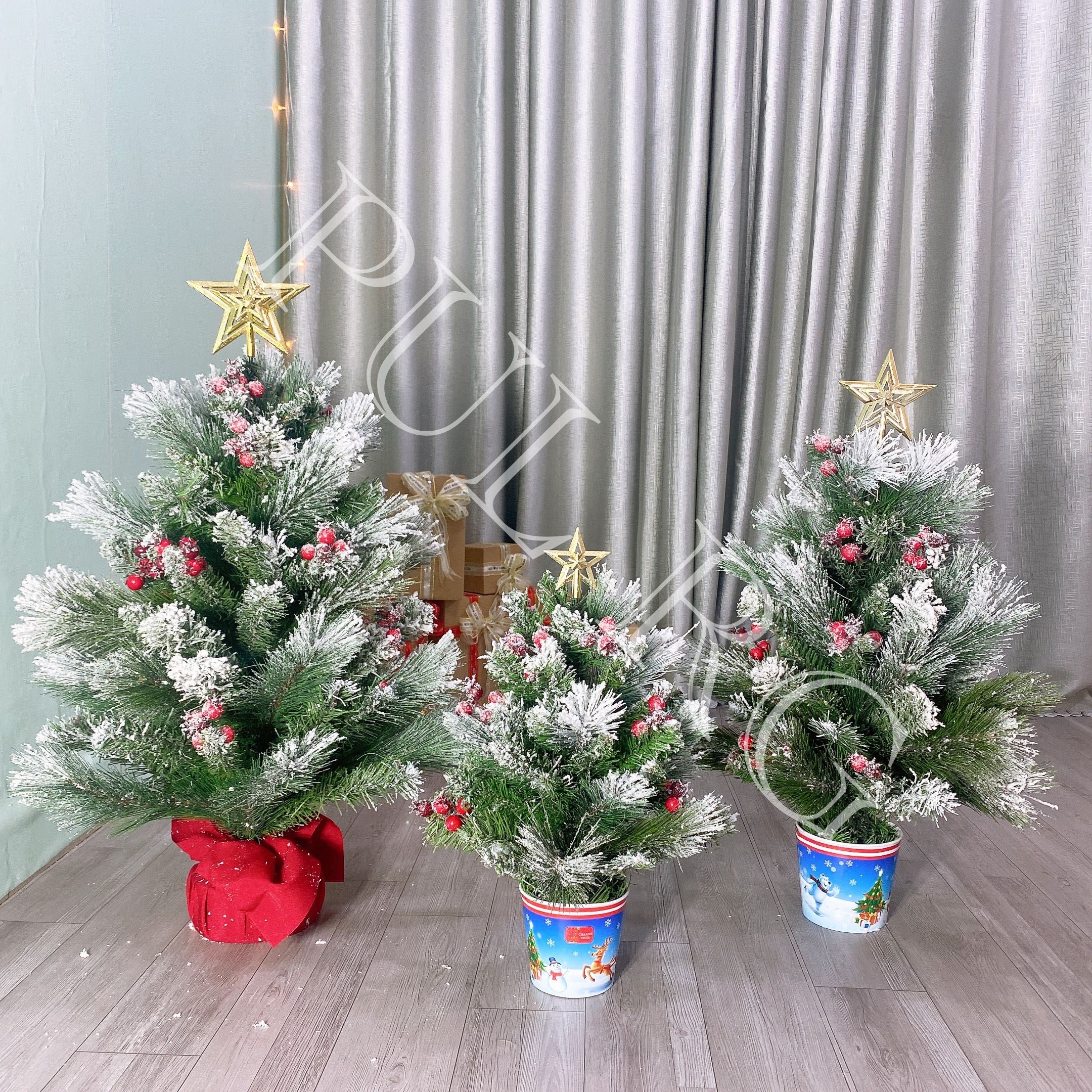 Cây thông noel mini để bàn PHỦ TUYẾT 3 LOẠI LÁ có phụ kiện trang trí decor giáng sinh