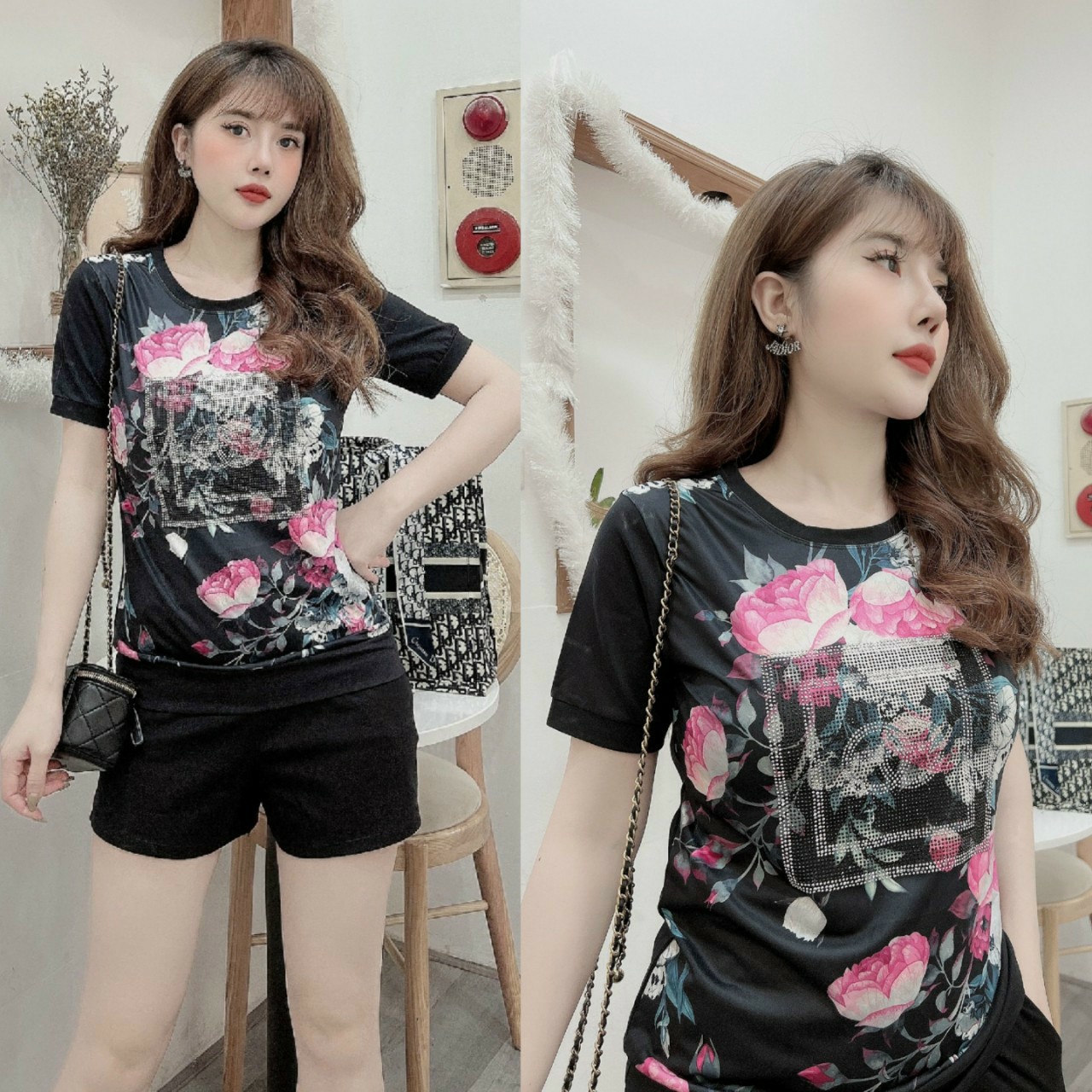 Đồ bộ thun cotton đùi nữ đính đá in hoa 3D