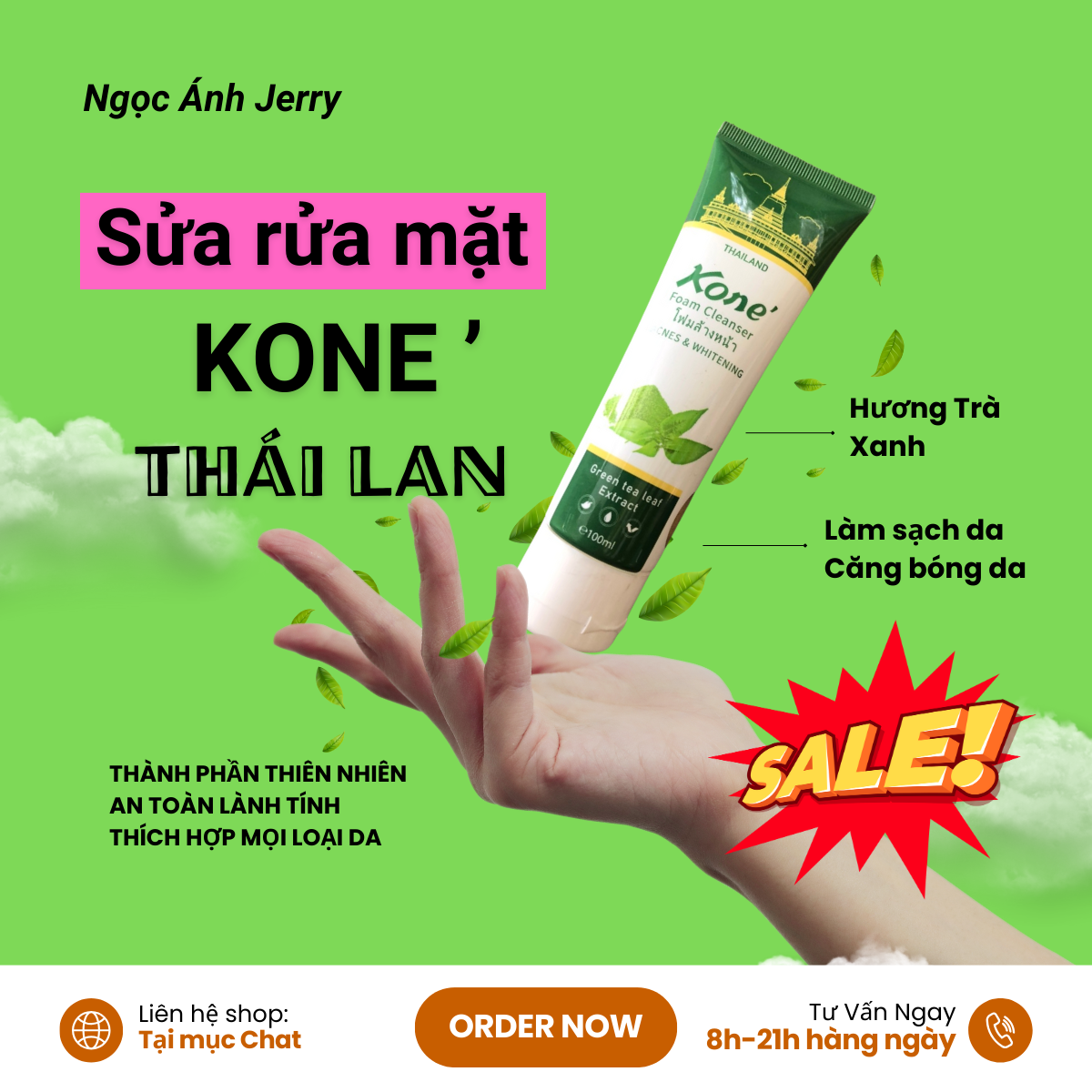 Sửa Rửa Mặt Trà Xanh Kon e Thái Lan, Sữa rửa mặt tinh chất Trà xanh - giúp loại bỏ bụi bẩn trên da Trắng sáng Mờ thâm Kiềm dầu Không ăn nắng