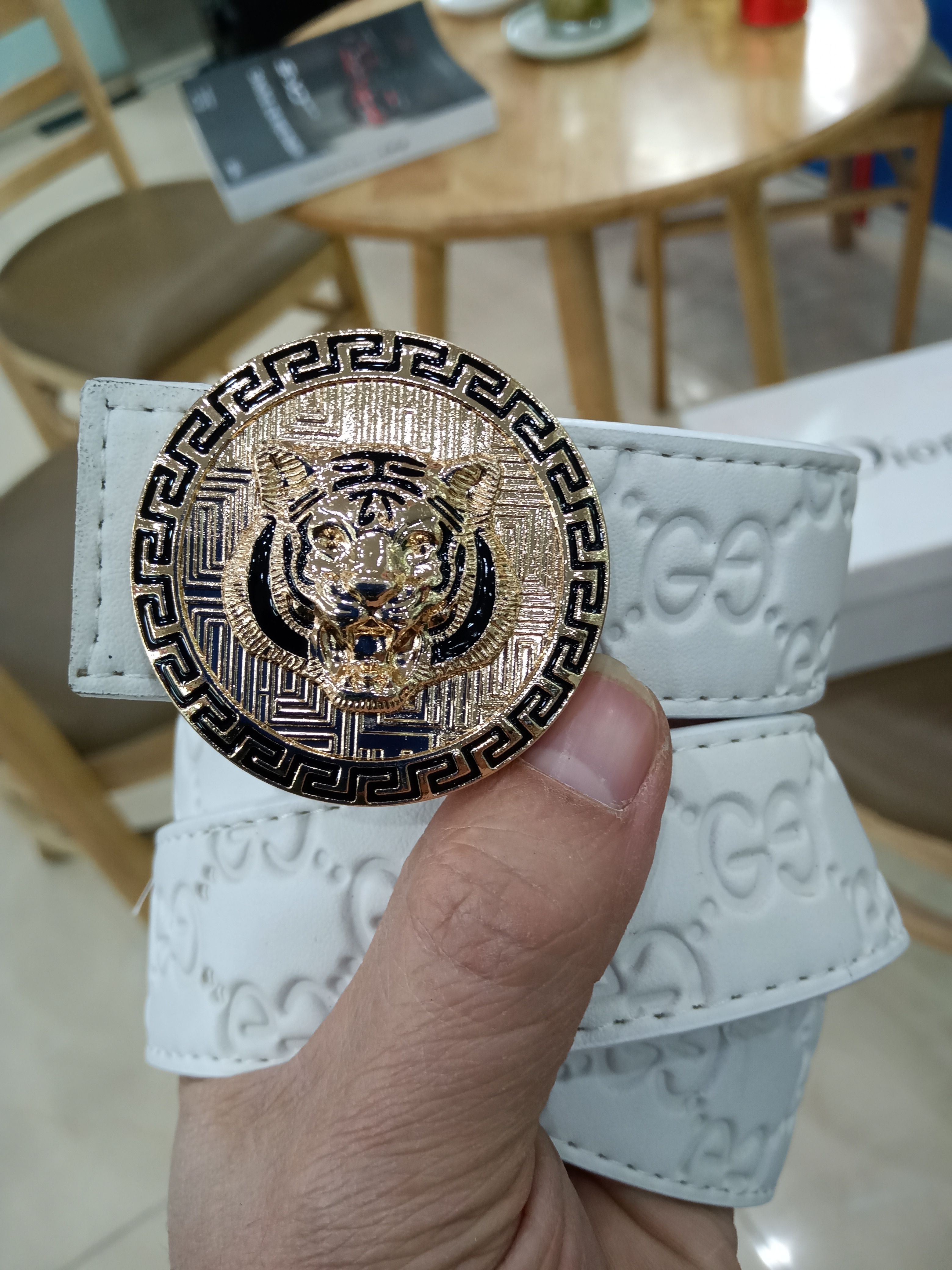 Thắt lưng da, Dây nịt trạm đầu Hổ, cọpp - uy quyền thống lĩnh - dây trắng ( ảnh chụp 100% )