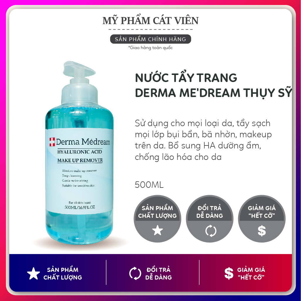 Nước tẩy trang Derma, làm sạch da, chứa HA chăm sóc da dưỡng ẩm Me'dream Thụy Sỹ thích hợp da nhạy cảm và mọi loại da